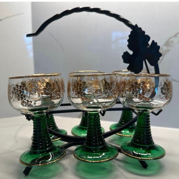 Set 6 Roemer Bockling Green Stem Trim Wine Glasses Wrought Iron Rack Germany - Picture 2 of 9